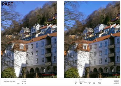 Fotografi av en eksisterende bygning med tekstmerking som viser 'Eksisterende situasjon' og 'Ny situasjon' for å illustrere endringer.