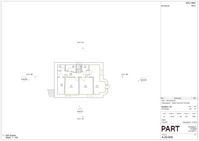 Etasjeplan for 0. etasje (Sokkel) som viser romfordeling, arealer og snittlinjer.