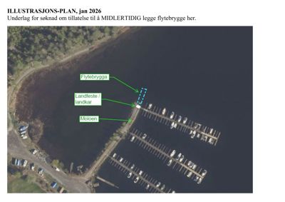 Illustrasjonsplan basert på flyfoto som viser en molo, landfeste og et planlagt flytebrygge.