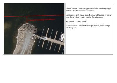 Luftfoto av en eksisterende molo med brygge og båtplasser, med overlagte røde målelinjer og tekstbeskrivelse om et ønsket landfeste.