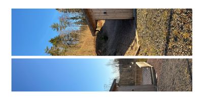 Fotografi av en bygning sett fra utsiden, med tilhørende terreng og skog i bakgrunnen.