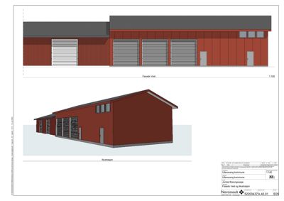 Bildet viser en tegning med en fasadeopprikk (Fasade Vest) og en 3D-illustrasjon (rendering) av samme bygning.