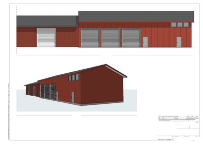 Bildet viser en tegning med en fasadeopprikk (Fasade Vest) og en 3D-illustrasjon (rendering) av samme bygning.