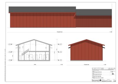 Tegning som viser fasadeoppsett (Fasade Aust, Fasade Sør) og snitt (Snitt) for en bygning.