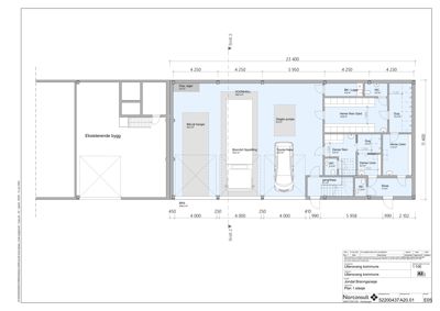 Etasjeplan for Jondal Branngarasje som viser romfordeling, dimensjoner og plassering av kjøretøy.