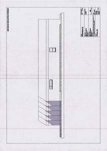 Fasadetegning av en bygning sett fra siden, med visuell fremstilling av vinduer og skygger.