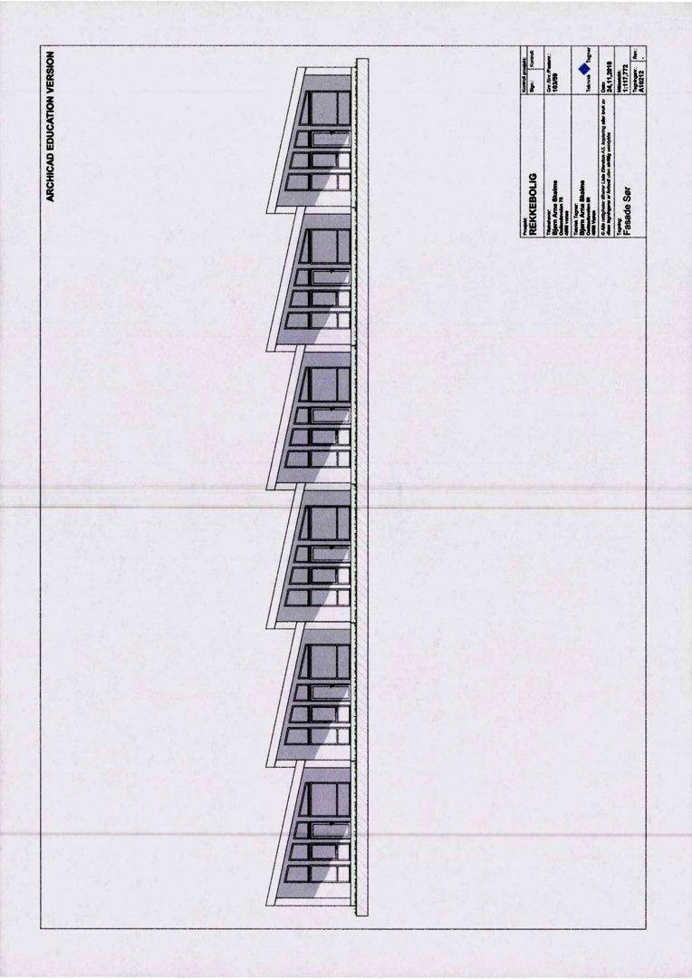 Fasadetegning av en bygning sett fra siden, som viser vinduene og taklinjen.
