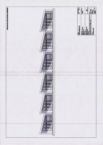 Fasadetegning av en bygning sett fra siden, som viser vinduene og taklinjen.