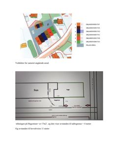 Bildet viser to tegninger som illustrerer eiendomsforhold, arealbruk og avstander til nabogrenser og veier. Øvre del viser et fellesareal med inndeling, og nedre del viser en tomt med hus og hage med angitte mål.