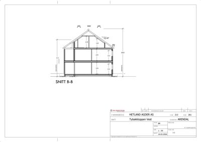 Snittegning (SNITT B-B) som viser tverrsnittet av en 2-mannsbolig med mål på høyder, takhøyde og romfordeling.