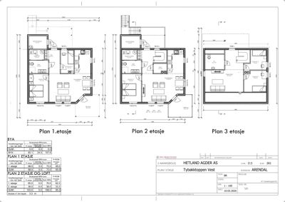 Plantegning som viser romfordeling og dimensjoner for tre ulike etasjer (1., 2. og 3.) av en bygning.