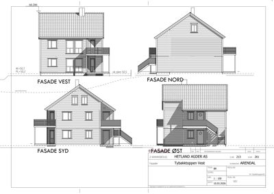 Fasadetegning som viser bygningens utseende fra fire sider: Vest, Nord, Syd og Øst.