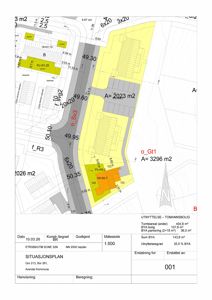 Situasjonsplan som viser tomtens utforming, bygningers plassering, arealer (BYA, PL) og tomteforhold.
