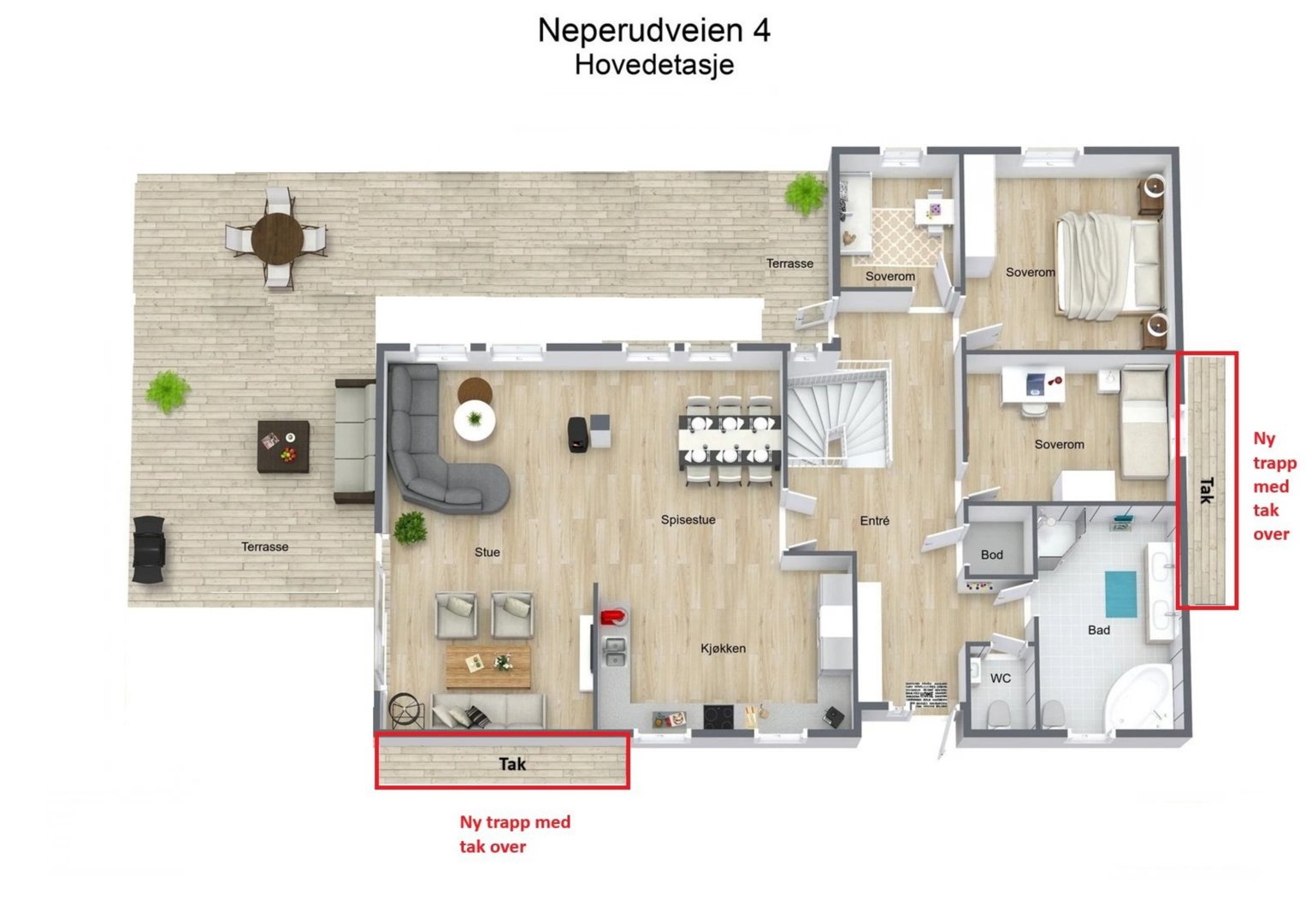3D-visualisering av etasjeplan for hovedetasjen i en bolig på Neperudveien 4, med romoppdeling og utvendige områder.