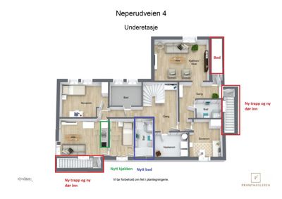 Etasjeplan (underetasje) for en bolig på Neperudveien 4, som viser romfordeling, nye trapper og ombygginger.