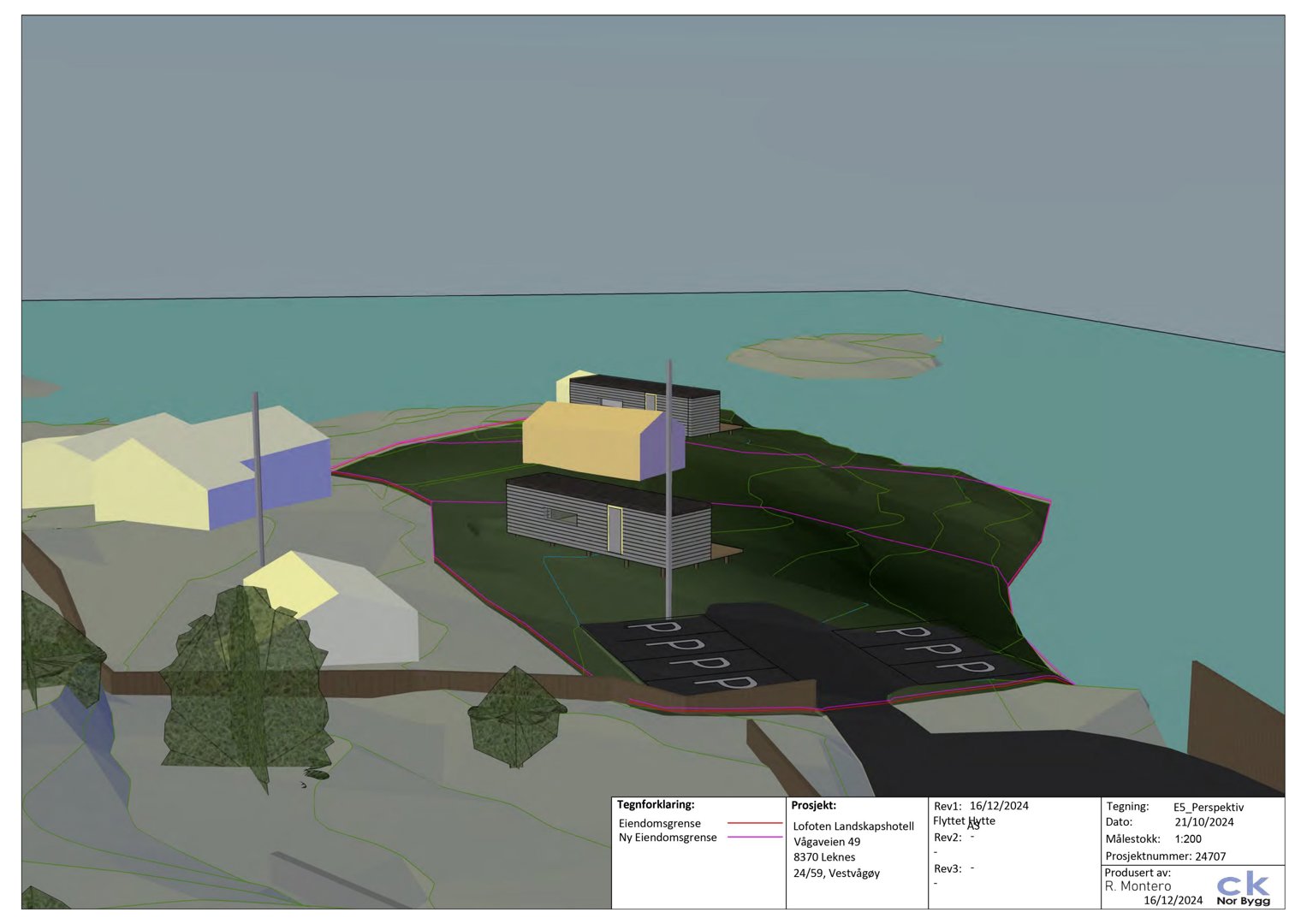 3D-perspektivtegning (rendering) som viser et forslag til nybygging av et hotell på en tomt ved kysten.