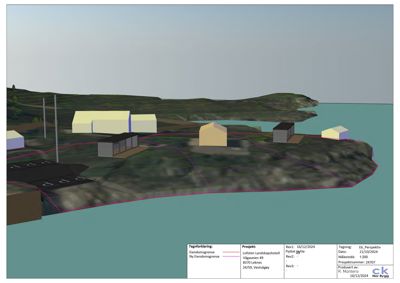 3D-visualisering (rendering) av et prosjektert landskaps hotell med omgivende terreng og vann.