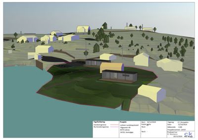3D-visualisering (rendering) av et prosjekt med to nye bygninger på en tomt, sett fra et vinklet perspektiv.