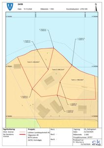 Situasjonsplan som viser deling av eiendom (tomter 1, 2 og 3) med arealoppdelinger, grenser og koordinater.