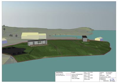 3D-visualisering (rendering) av et prosjekt med bygninger på en tomt ved vannet, inkludert terrengmodell og omgivelsene.