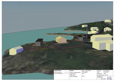 3D-perspektivtegning (rendering) som viser bygningenes plassering i forhold til terrenget og vannet.