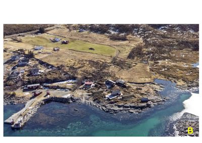 Luftfoto av et kystnært område med flere hus, en kai og vann.