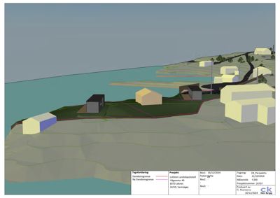 3D-visualisering (rendering) av et prosjekt med bygninger, terreng og vann. Bildet viser en perspektivvisning av tomtens utforming.