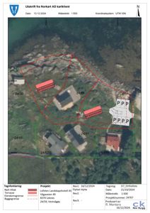 Situasjonsplan (ortofoto) som viser eiendomsgranser, byggegrenser, eksisterende bygninger og planlagte tiltak for Lofoten Landskapshotell AS.