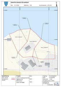 Situasjonsplan som viser tomtedeling, arealoppdelt og grenser for eiendommen Vestvågøy.