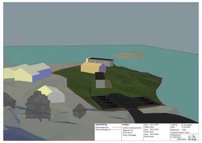 Situasjonsplan som viser bygningenes plassering i forhold til eiendomsgrenser, terrengform og vann. Inneholder også teknisk informasjon om prosjektet.