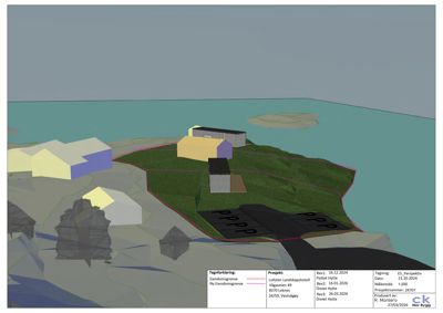 3D-visualisering (rendering) av et prosjekt med flere bygninger på en tomt ved vann.