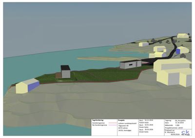 3D-perspektivtegning (rendering) som viser en situasjonsplan med bygninger, terreng og vann. Tegningen illustrerer plassering av nye og eksisterende bygninger i forhold til hverandre og omgivelsene.