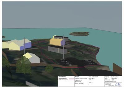 3D-perspektivtegning (rendering) som viser bygningenes plassering på tomt med omgivende terreng og vann.