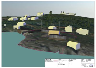 3D-perspektivtegning (rendering) som viser et nytt landskaps hotell (Lofoten Landskaphotell) i forhold til eksisterende bygninger og terreng.