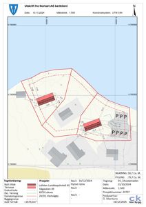 Situasjonsplan som viser tomtens grenser, eksisterende og nytt tiltak (Lofoten Landskapshotell AS), terrengform, eiendomsgrenser og byggegrenser.