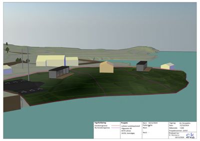 Situasjonsplan med 3D-visuell fremstilling av bygninger, terreng og eiendomsgrenser.