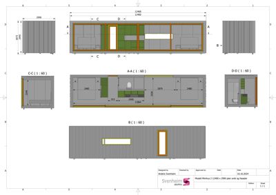 En tegning som viser etasjeplan (A-A) og fasadeopprikk (B) for en bygning, samt detaljer (C-C, D-D).