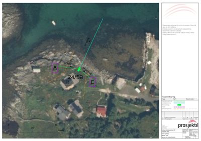 Situasjonsplan som viser tomtens beliggenhet, grenser, eksisterende bygg (A, B, C) og planlagt plassering av vann- og avløpsledninger (SP110 PVC/PE).