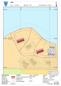 Situasjonsplan som viser tomtens form, bygningers plassering, høydemål, terrengform og eiendomsgrenser.
