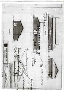 Fasadetegning som viser bygningens utsyn fra flere vinkler, inkludert detaljer om materialer og konstruksjon.