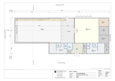 Plantegning av første etasje (Plan 1. etasje) som viser romfordeling, dimensjoner og fasader.