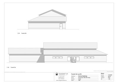 Fasadetegning som viser bygningens utseende fra to sider (Øst og Sør) med skisse og teknisk detaljering.