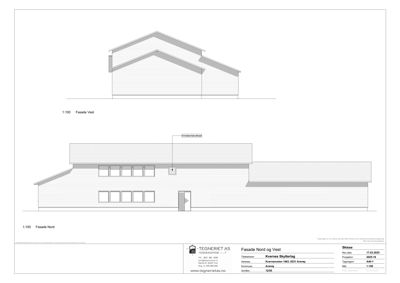 Fasadetegning som viser bygningens utseende fra nord og vest.