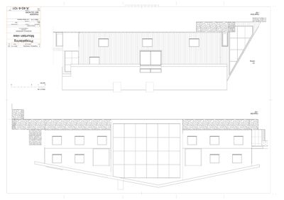 Fasadetegning som viser bygningens utseende fra fronten, inkludert vinduer, takform og materialer.