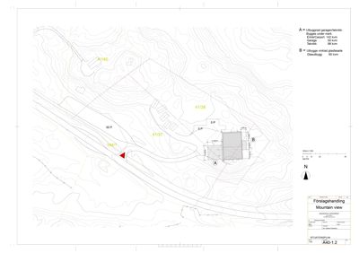 Situasjonsplan som viser tomtens beliggenhet, høydeforhold (konturlinjer), nabotomter og plassering av bygninger.
