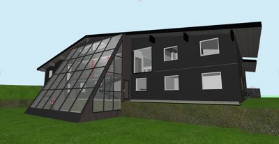 3D-visualisering av en moderne bygning med svart fasade og et stort glassparti.