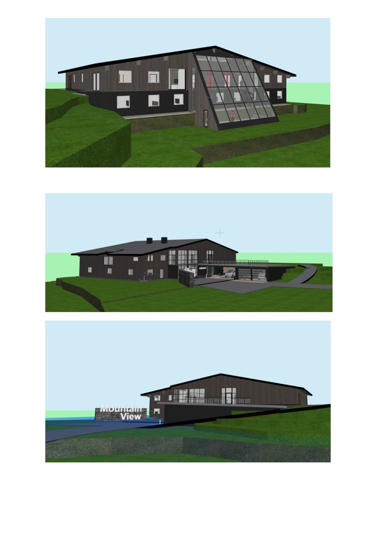 Tre 3D-visualiseringer (renderinger) av en planlagt bygning sett fra ulike vinkler: en frontside med stor glassfasade, en sidevisning med kjellerinngang og en bakside med 'Mountain View'-skilt.