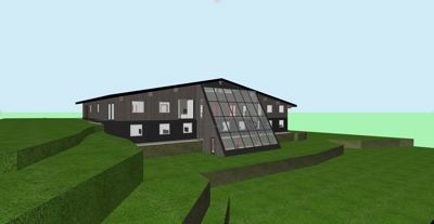 3D-visualisering av en moderne bygning med skrå fasade og store glassflater, plassert på et terrassert grønt område.