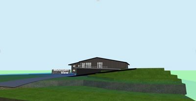 3D-visualisering av en bygning med teksten 'Mountain View' på en skråning.