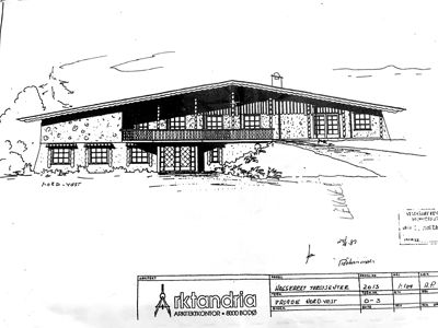 En håndtegnet fasadevisning (opprikk) av en bygning sett fra nordvest.